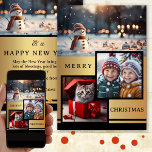 Cartão de Férias de Natal Dourado Black Snowman<br><div class="desc">Um cartão elegante de Natal Feriados com 2 das suas fotos personalizadas num design preto dourado com um boneco de neve. Por trás estão os desejos de Ano Novo.</div>
