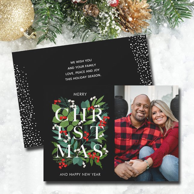 Cartão de Férias de Natal Elegante CHRISTMAS (CHRISTMAS typography on greenery and berries photo cards - PRINTED and/or INSTANT DOWNLOAD)
