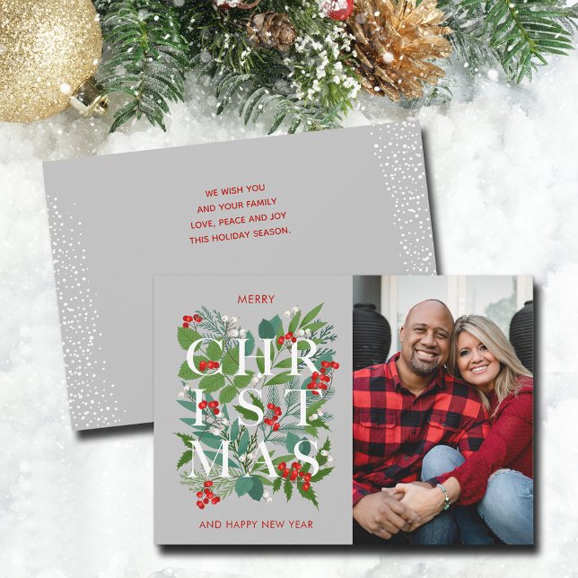 Cartão de Férias de Natal Elegante CHRISTMAS (Elegant CHRISTMAS greenery and berries photo holiday cards - PRINTED and/or INSTANT DOWNLOAD)