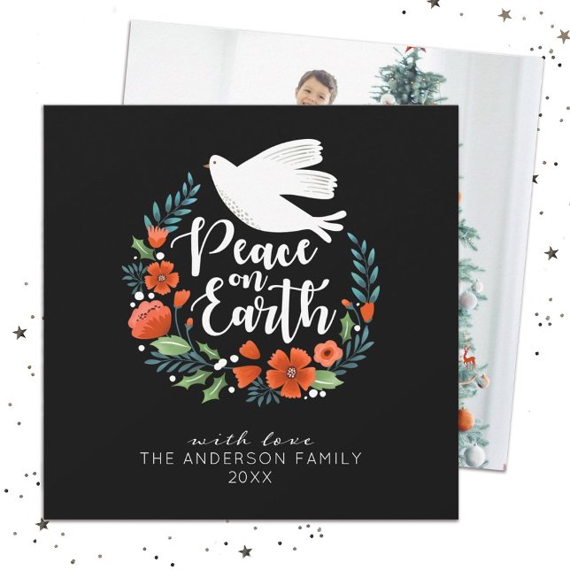 Cartão de Férias de Natal Feliz para Foto Moderna (An elegant Family Photo Christmas card with the words, Peace on Earth)