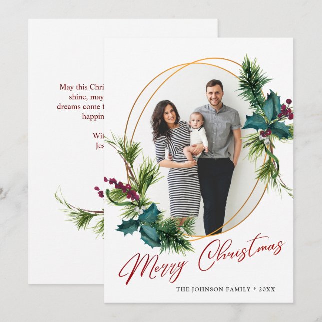 Cartão de Férias de Natal Holly Pine (Frente/Verso)