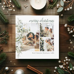 Cartão de Férias de Natal Merry<br><div class="desc">O moderno cartão de natal fotográfico apresenta saudações de Paz,  Amor e Alegria com bagas e folhas de fotografia e botânica.</div>
