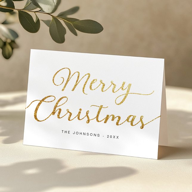 Cartão de Férias de Natal Merry Dourado Script Gli (Simple Gold Christmas Card)