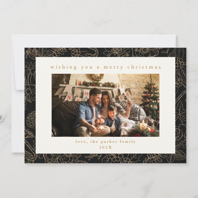 Cartão de Férias de Natal Personalizado Preto e Do (Frente)