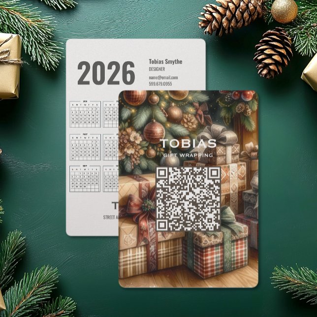 Cartão de Férias de Negócios do Código QR de Natal (Christmas QR Code 2026 Calendar Business Holiday Card (front and back))