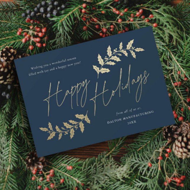 Cartão de Férias de Negócios Feliz de Script Moder (Elegant gold greenery leaves happy holidays blue business holiday card.)