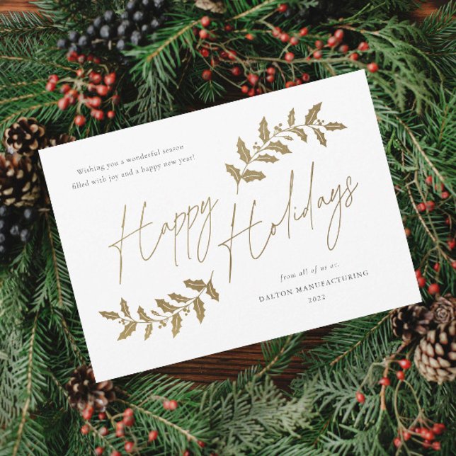 Cartão de Férias de Negócios Feliz de Script Moder (Elegant Script Gold Happy Holidays Greenery Leaves Business Holiday Magnetic Card.)