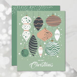 Cartão de Férias de Ornações de Árvore de Natal Re<br><div class="desc">As pequenas placas de cartões de natal elegantes de 4, 5" x 5, 6" apresentam ornamentos de árvore de natais vintages retrorreflectores em um fundo verde-menta na frente e sua saudação personalizada no verso. Estas placas de saudação de barato são impressas em papel de 110 lb, disponível em 3 tamanhos....</div>