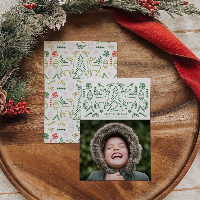 Cartão de Férias de Padrão Escandinavo Verde (Green Scandinavian Pattern Christmas Photo Holiday Card)