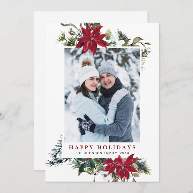 Cartão de Férias de Poinsettia Natal Elegante (Frente/Verso)
