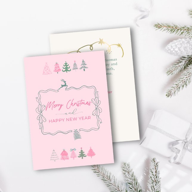 Cartão de Férias de Rosa com Arco Festivo e Árvore (Festive Bow & Chic Trees Doodle Pink Holiday Card)