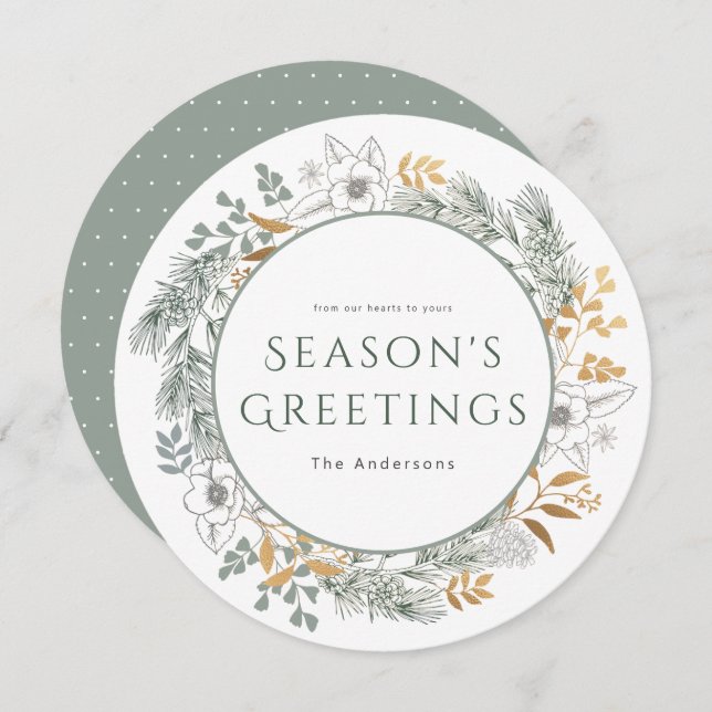 Cartão de Férias de Sage Dourado Wreath Season (Frente/Verso)