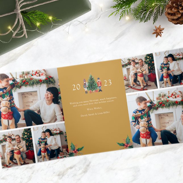 Cartão de Férias de Triplo Fotográfico Dourado (2023 Nutcracker Gold Photo Collage Trifold Holiday Card)
