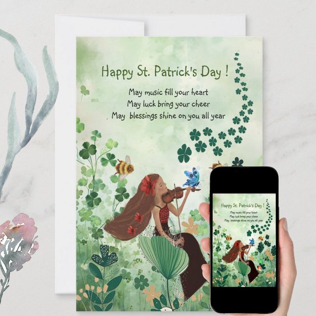 Cartão de Férias do Dia de São Patrício com Música (St. Patrick's Day Holiday Card with Music, featuring woman playing a violin,, great card for holiday)