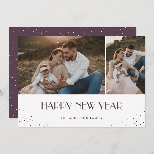Cartão de Férias do Feliz ano novo de Foto Roxo Mo (Frente/Verso)
