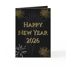 Cartão de Férias Dobrável Ano Novo 2026 Preto e Do