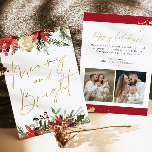 Cartão de Férias Dourado de Poinsettia Floral JOY (Criador carregado)