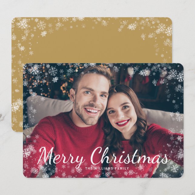 Cartão de Férias Dourado para Foto de Natal Feliz (Frente/Verso)