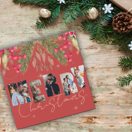 Cartão de Férias Dourado Vermelho com Várias Fotog