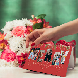 Cartão de Férias Dourado Vermelho com Várias Fotog