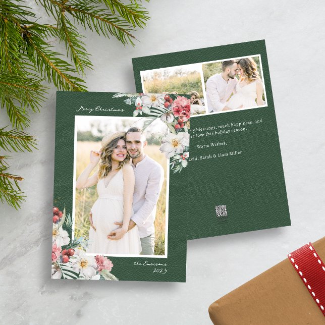 Cartão de Férias Elegante de Foto do Natal Verde (Green Merry Christmas Photo Collage Holiday Card with Elegant Watercolor Botanical Florals Berries)
