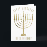 Cartão de Férias Feliz Hanukkah Menorah<br><div class="desc">Mande um cartão personalizado aos seus entes queridos nesta época de Chanucá. Este design apresenta uma menorah dourada. Acima disso, a mensagem diz "Happy Hanukkah". Abaixo da menorah está um lugar para seu nome familiar que você pode personalizar ou remover se quiser. Na dentro do cartão lê-se "Desejando-lhe paz, amor...</div>