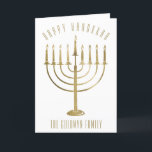 Cartão de Férias Feliz Hanukkah Menorah<br><div class="desc">Mande um cartão personalizado aos seus entes queridos nesta época de Chanucá. Este design apresenta uma menorah dourada. Acima disso, a mensagem diz "Happy Hanukkah". Abaixo da menorah está um lugar para seu nome familiar que você pode personalizar ou remover se quiser. Na dentro do cartão lê-se "Desejando-lhe paz, amor...</div>
