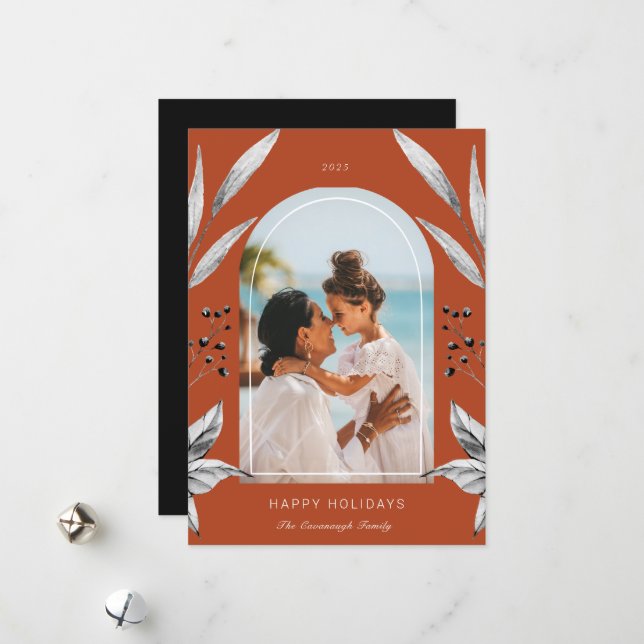 Cartão de Férias Festivo com Arch de Folhagem (Frente/Verso In Situ)