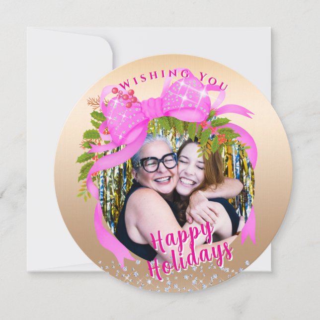 Cartão de Férias Flor de Natal, Fita Rosa, com Gli (Frente)