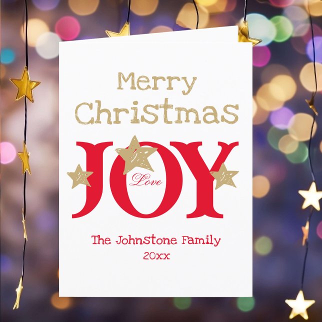 Cartão de Férias Folgado de Script Russo Feliz de  (Deliver a bit of Joy! Customize these cheerful gold, red and white Christmas cards as you desire.)
