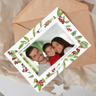 Cartão de Férias Holly e Watercolor Greenery