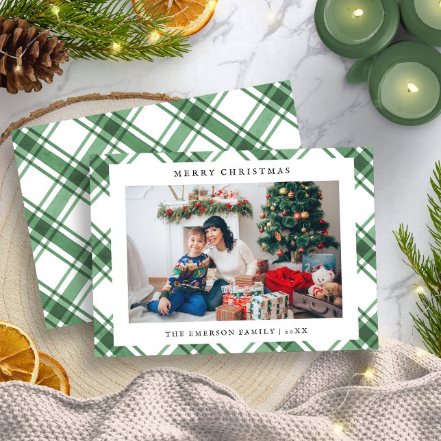 Cartão de Férias Plana de Xadrez de Natal (Photo Christmas Plaid Flat Holiday Card
)