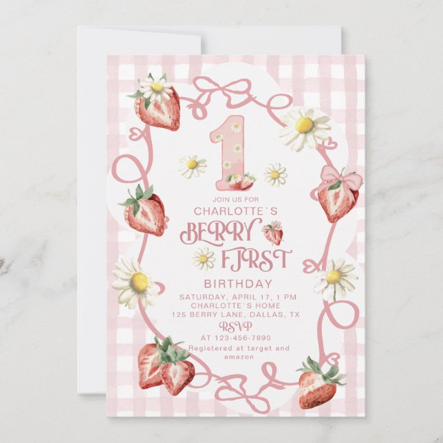 Cartão de férias plano de morango de aquarela eleg (Frente)