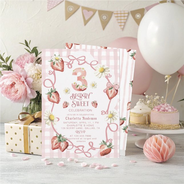 Cartão de férias plano de morango de aquarela eleg (Criador carregado)