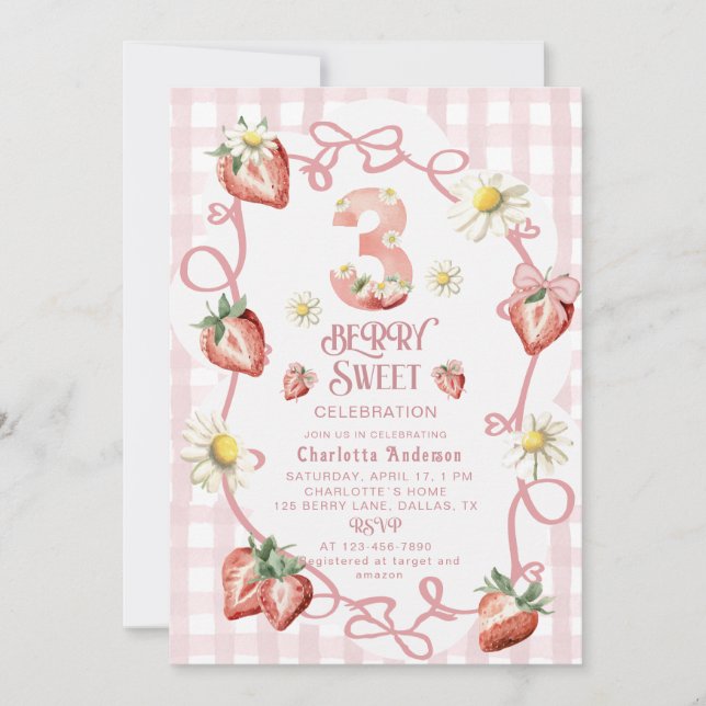 Cartão de férias plano de morango de aquarela eleg (Frente)