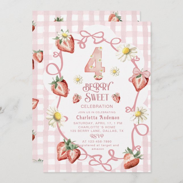 Cartão de férias plano de morango de aquarela eleg (Frente/Verso)