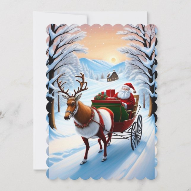 Cartão de Férias Plano Santa Claus e Reindeer (Santa Claus and Reindeer Sleigh and Gifts, Winter Snowfall Background )