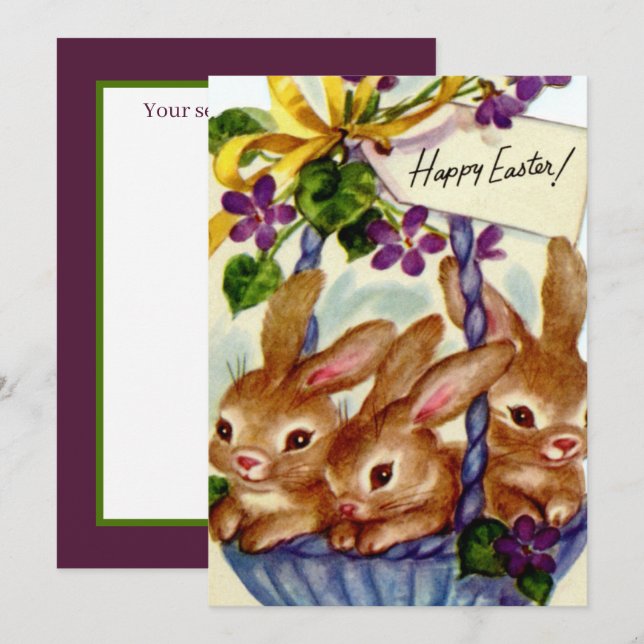 cartão de férias retro vintage Easter Bunny (Frente/Verso)