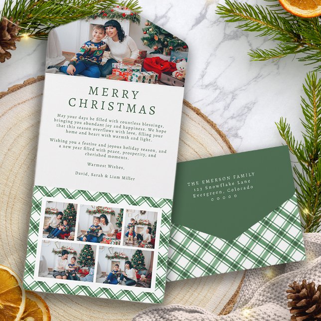Cartão de Férias Triptico Xadrez Verde e Branco (Green and White Plaid Holiday Trifold Card
)