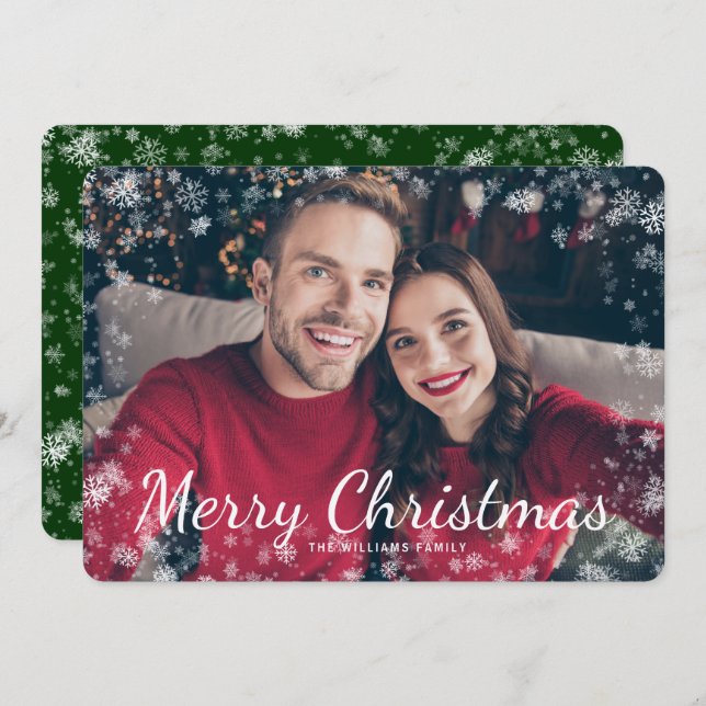 Cartão de Férias Verde de Natal Feliz para a Neve (Frente/Verso)