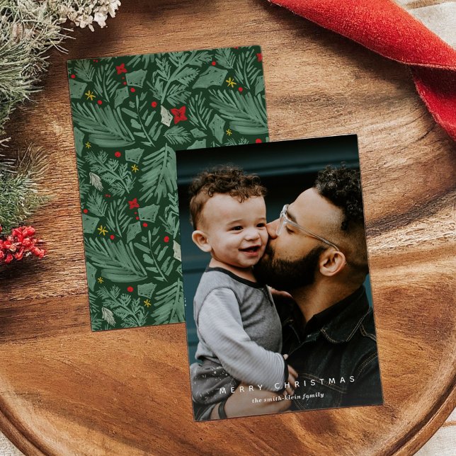 Cartão de Férias Vertical Botânico Verde (Green Festive Botanical Vertical Photo Holiday Card)