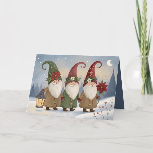 Cartão de Férias Vintage Elves Dobrado (Frente)