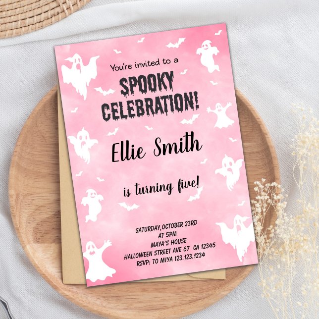 Cartão de Festa Bestial para Meninas ou Crianças (Pink Halloween Birthday Invitations)