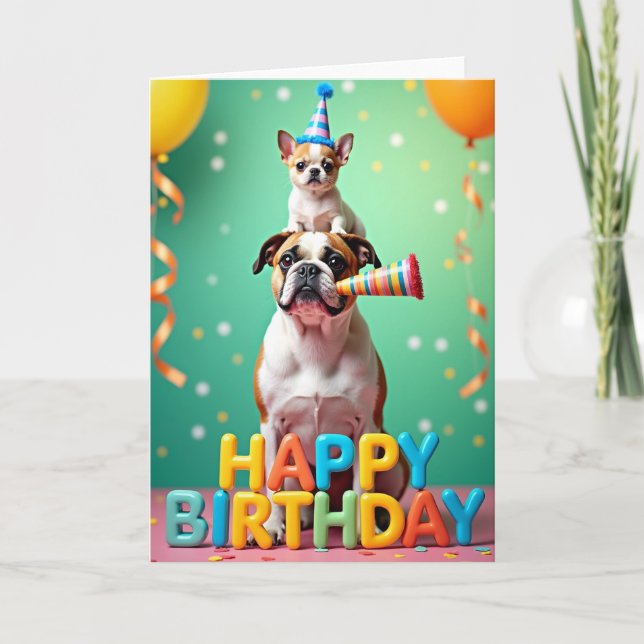Cartão de Festa de Cachorros Empilhados (Frente)