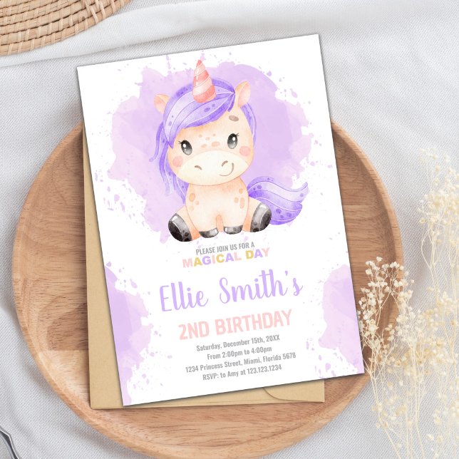 Cartão de Festa de Fantasia de Meninas Editáveis c (Purple Color Unicorn Birthday Invitations)