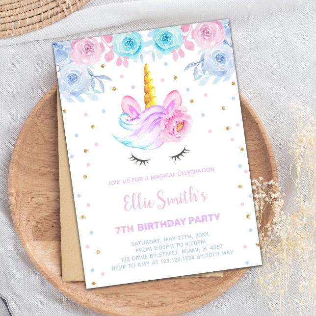 Cartão de Festa de Menina Mágica (Pink Purple Green Floral Unicorn Invitations)