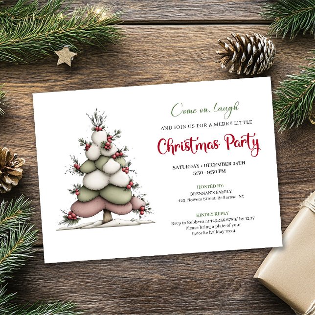 Cartão de festa de Natal impresso com árvore excên (Quirky tree red green holiday party printable card)