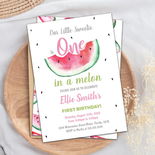 Cartão de Festa de Um Verão Doce para Meninas (1st Watermelon Birthday Invitations)