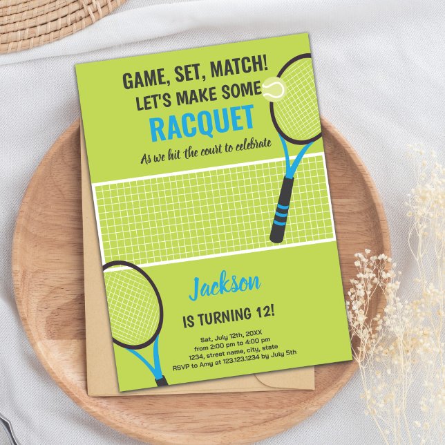 Cartão de Festa Desportiva para Meninas ou Meninos (Green Blue Tennis Birthday Invitations)