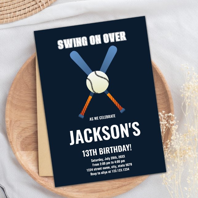 Cartão de Festa Desportiva para Meninos Editáveis  (Dark Blue Baseball Birthday Invitations)